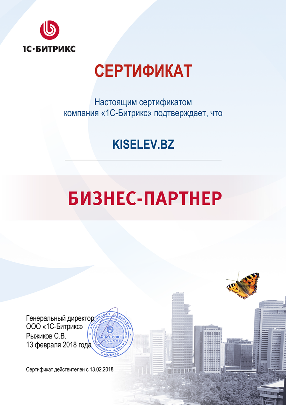 Сертификат партнёра по СРМ системам в Меленках